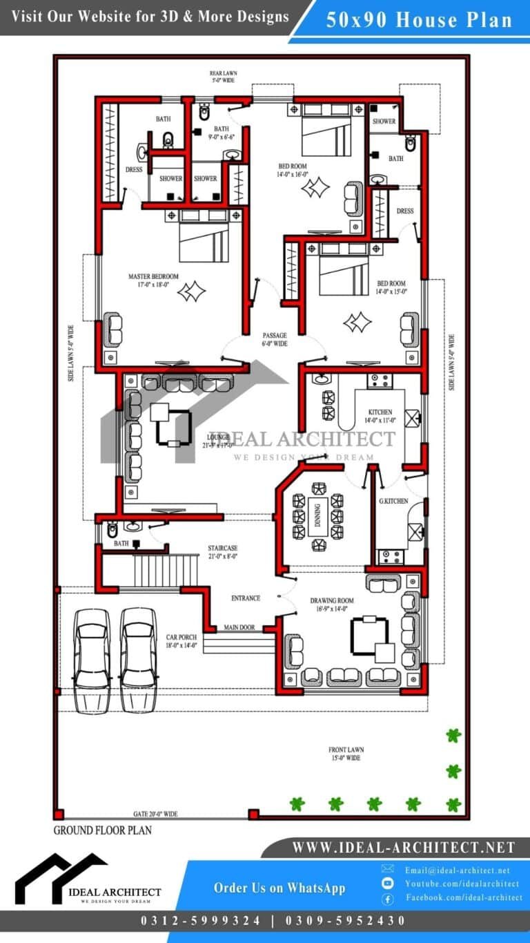 50x90 House Plan | 1 Kanal House Design