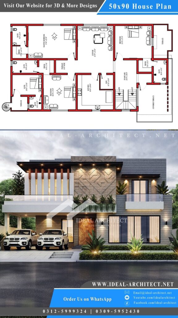 50 * 90 House Plan 3D, 50x90 House Design, Modern 50x90 House Design, House Plan 50 * 90