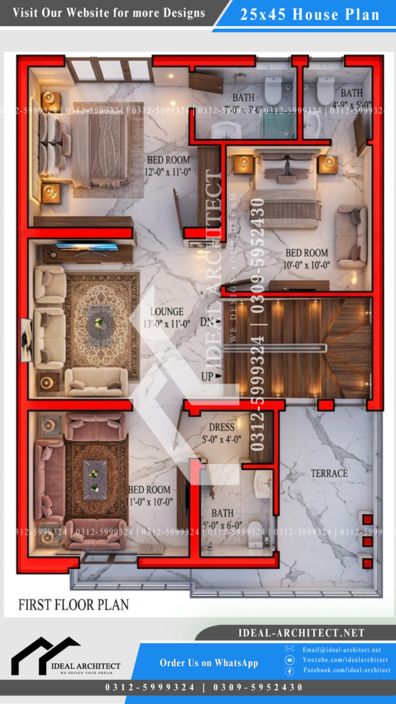 25x45 House Plan 3D and 5 Marla First Floor Plan Layout