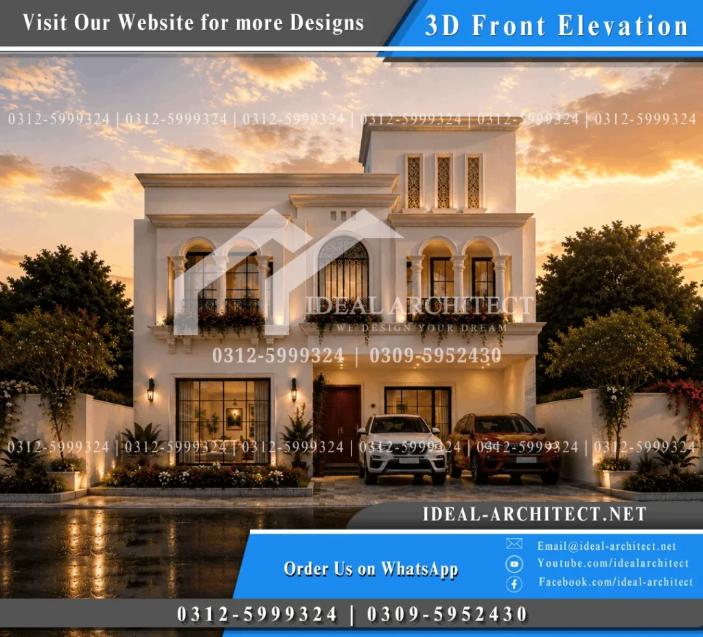 10 marla house front elevation Mediterranean style white stucco arched windows wrought iron