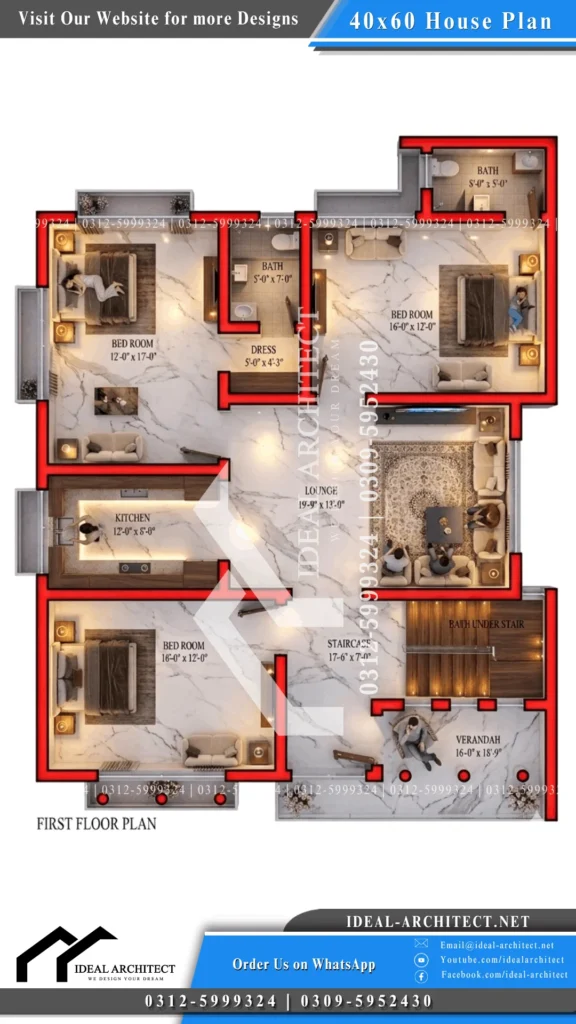 10 marla house naksha ground floor 3d view with car porch front lawn and bedrooms