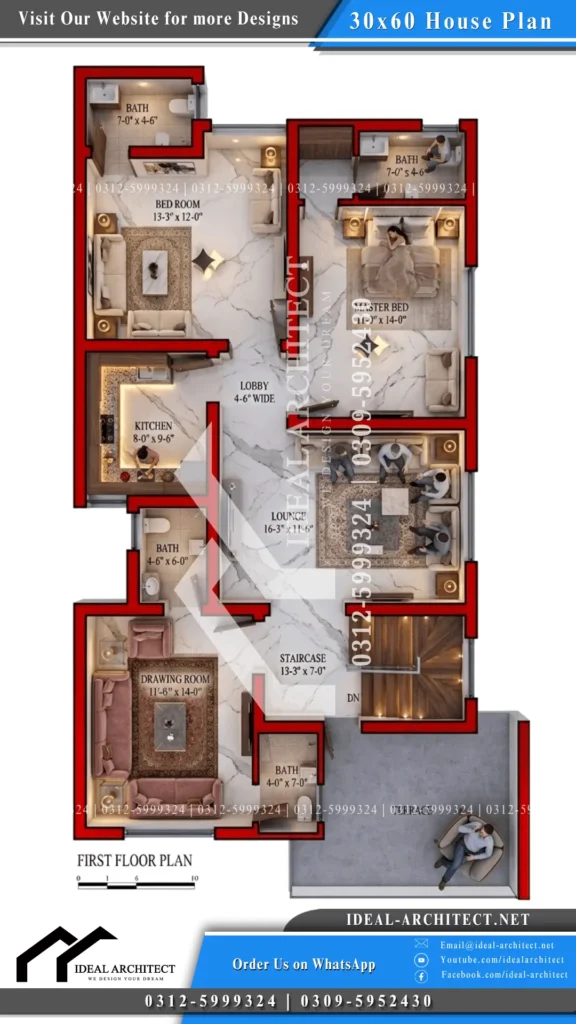 30x60 house plan 3d design with garden