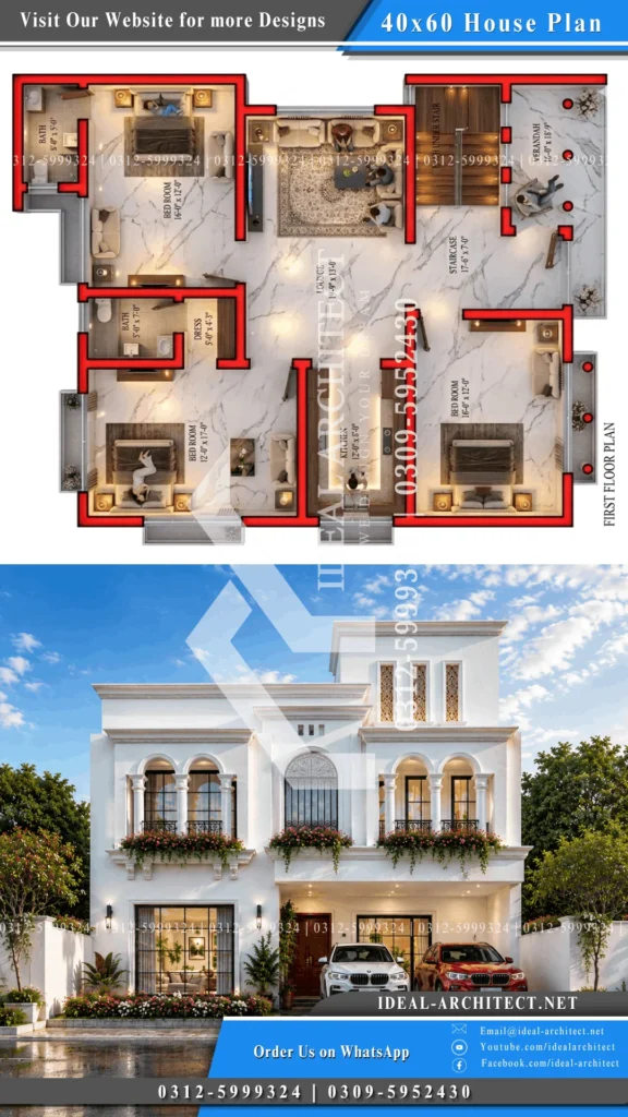 40x60 house design 3d pakistan double story complete view