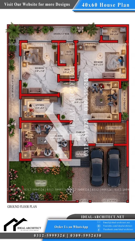 40x60 house plan ground floor layout with 2 bedrooms drawing room and TV lounge