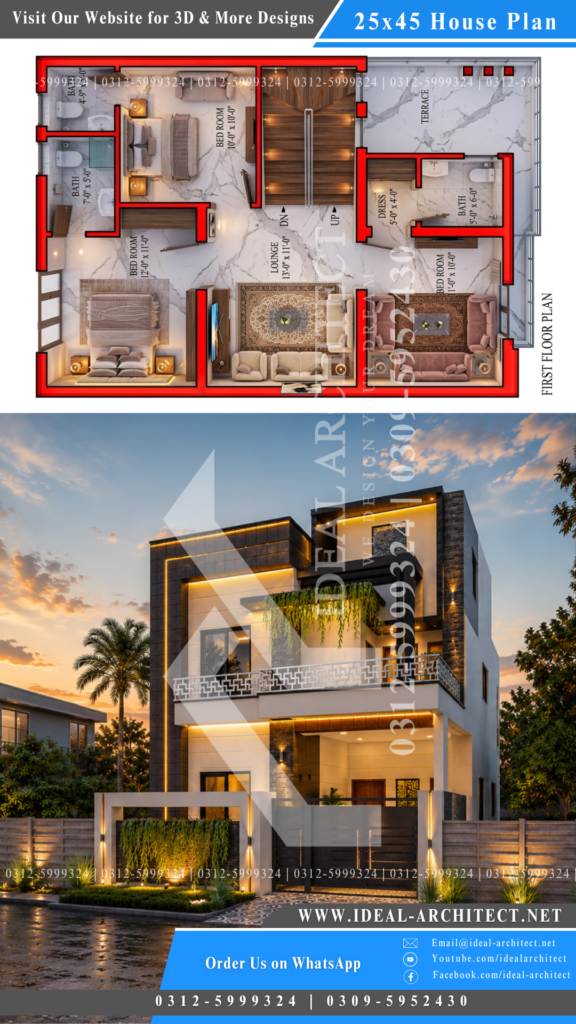 5 Marla House Design 25x45 Duplex House Plan 3D with 3 Bedroom and Terrace Pakistan