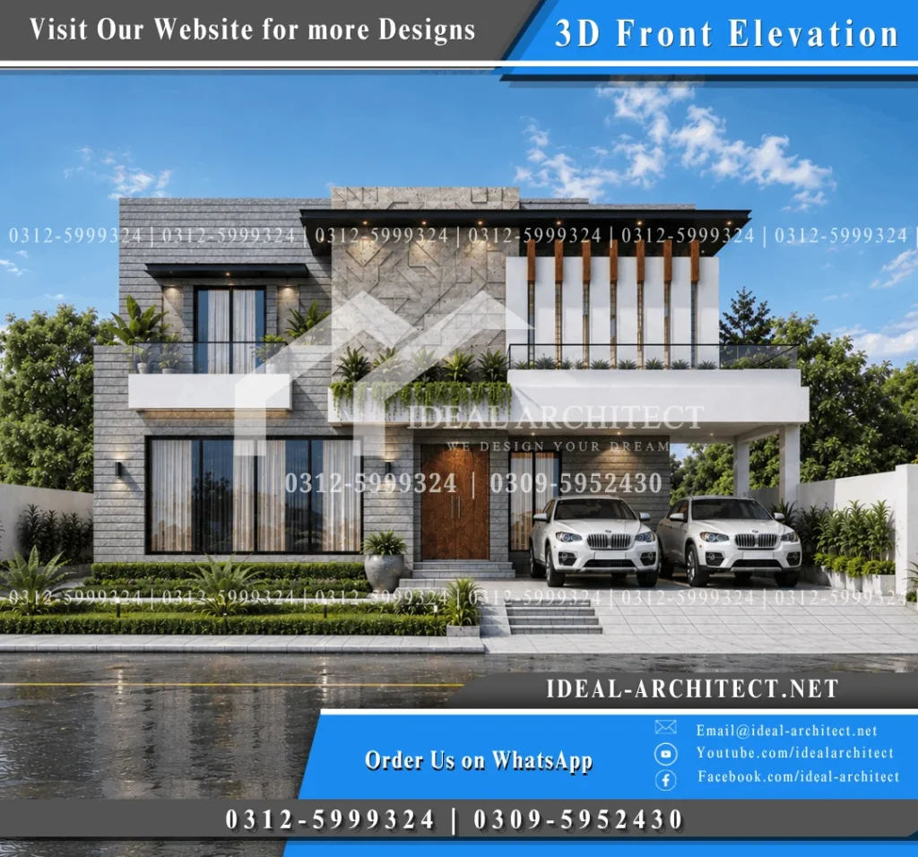 Modern 1 Kanal House Design: 50x90 Plan with 3D Elevation and Lawn 3 kanal front elevation modern house design pakistan