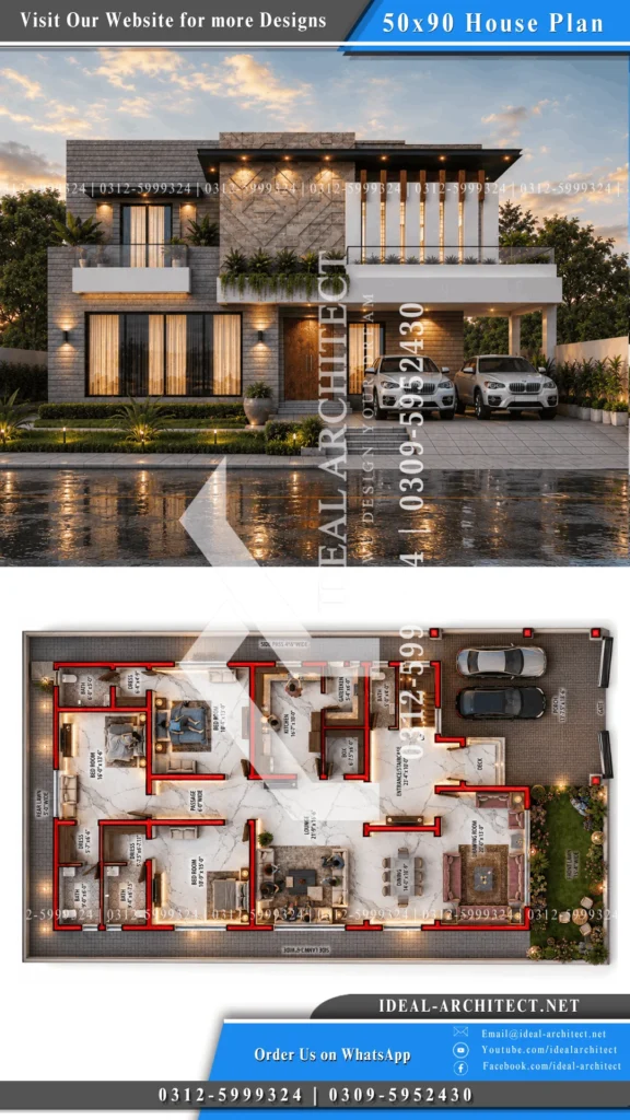 1 Kanal House Plan Pakistan: 50x90 Design & Lawn 9 1 Kanal House Design 3D