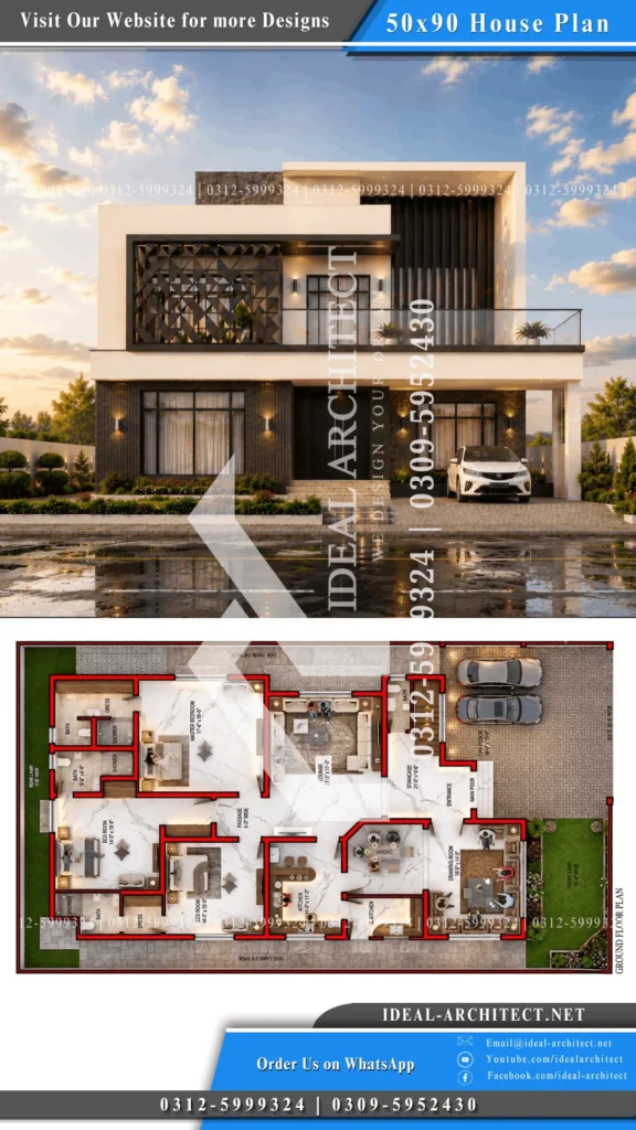 1 Kanal House Plan Pakistan: 50x90 Design & Elevation 9 1 Kanal House Design 3D