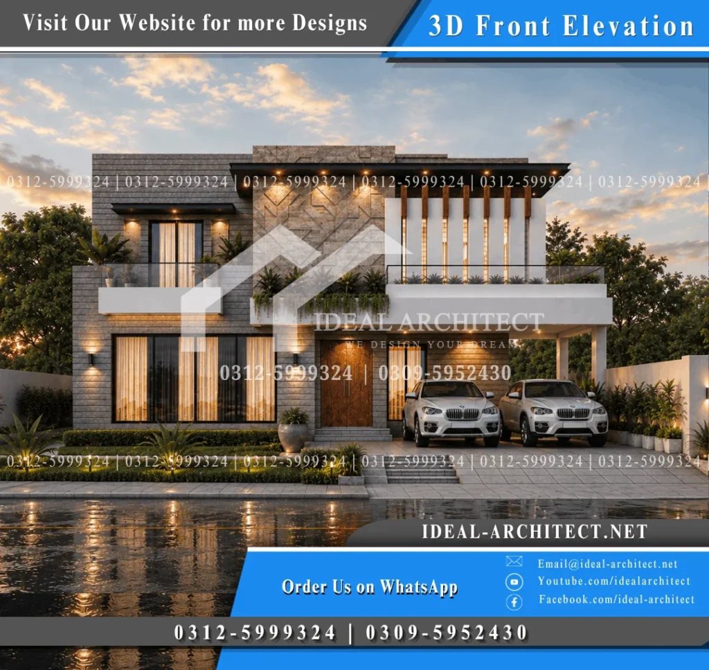 Modern 1 Kanal House Design: 50x90 Plan with 3D Elevation and Lawn 4 1 kanal house design 3d night elevation