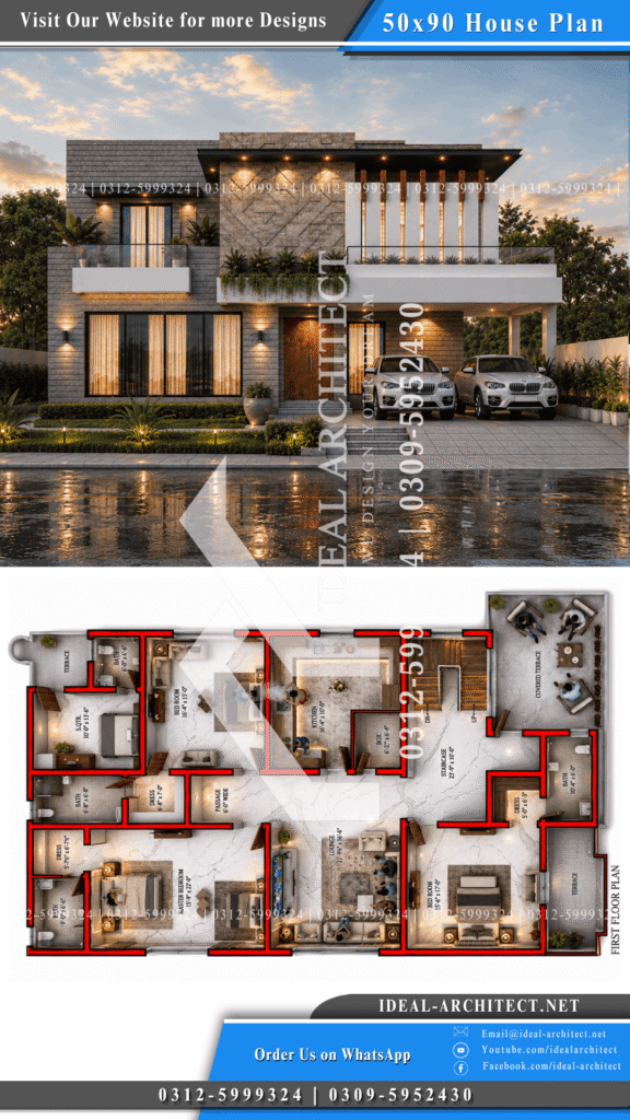 1 Kanal House Plan Pakistan: 50x90 Design & Lawn 10 1 Kanal House Design Village