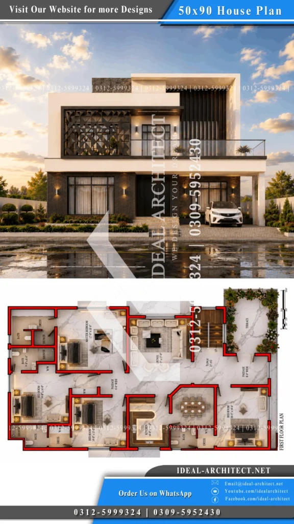 1 Kanal House Plan Pakistan: 50x90 Design & Elevation 10 1 Kanal House Design Village