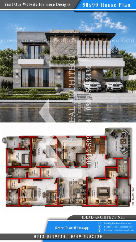 1 Kanal House Plan Pakistan: 50x90 Design & Lawn 8 1 Kanal House Design With Lawn