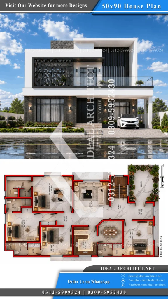 1 Kanal House Plan Pakistan: 50x90 Design & Elevation 8 1 Kanal House Design With Lawn