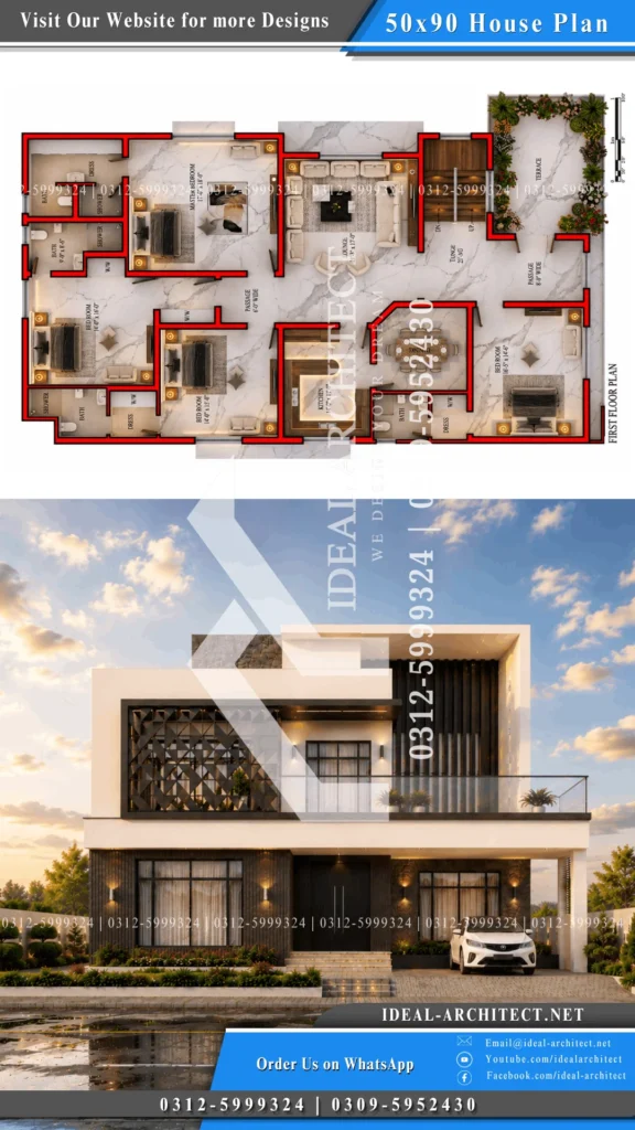 1 Kanal House Plan Pakistan: 50x90 Design & Elevation 4 1 Kanal House Map Zoning