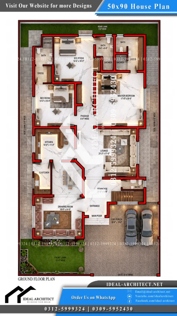 1 Kanal House Plan 50x90: Design, Map & Front Elevation 1 1 Kanal House Plan House Map