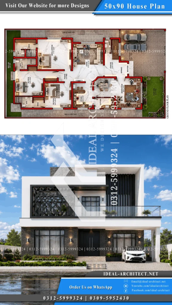 1 Kanal House Plan Pakistan: 50x90 Design & Elevation 1 1 Kanal House Plan Pakistan