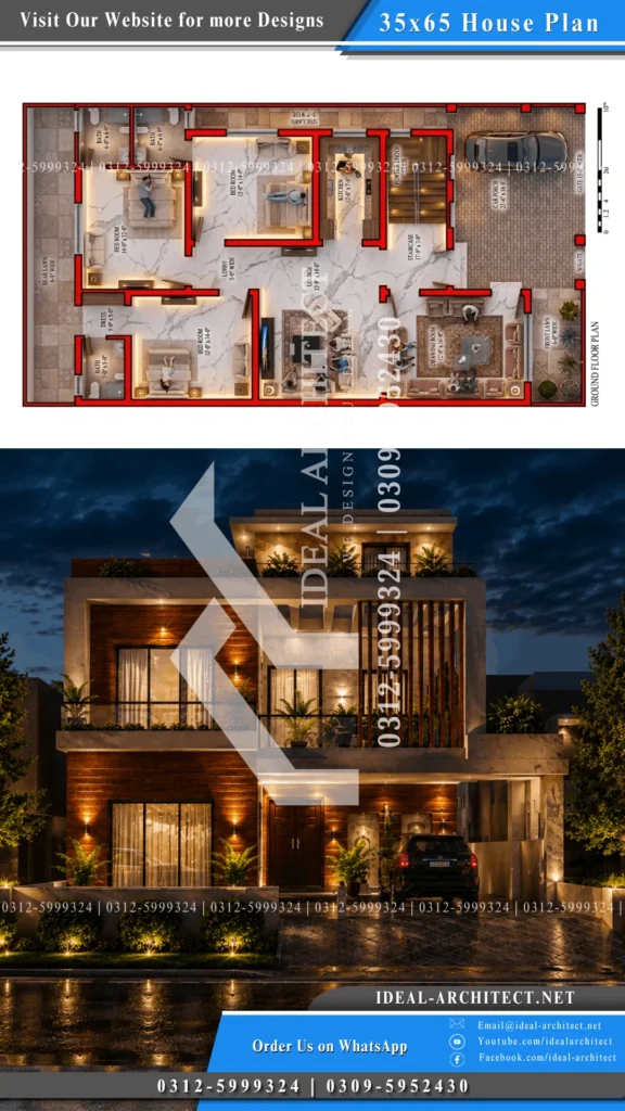 35x65 house plan 3d 10 marla house design night view elevation exterior lighting pakistan