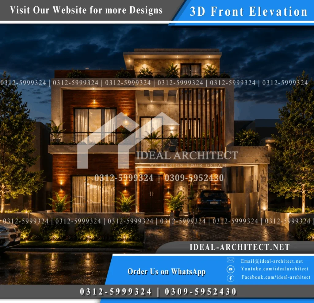 10 Marla House Design Pakistan — 35×65 Floor Plan, Map aur 3D Elevation 4 35×65 House Plan 3D — 10 Marla House Design Night View Elevation