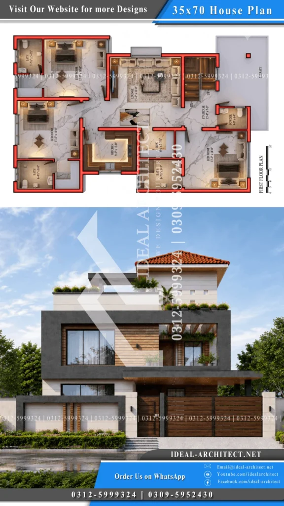 10 Marla House 3D Design Pakistan — Ghar Ka Naksha, Map aur Front Elevation Guide 2 35x70 house plan 3d Pakistan night elevation lighting