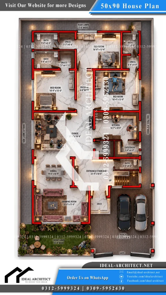 Modern 1 Kanal House Design: 50x90 Plan with 3D Elevation and Lawn 1 50x90 house plan 1 kanal house map pakistan